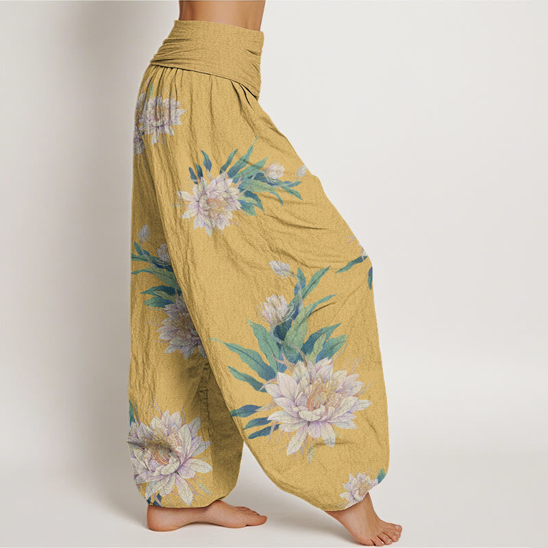 Pantaloni harem da donna con elastico in vita e motivo Epiphyllum con Buddha Stones - image 9