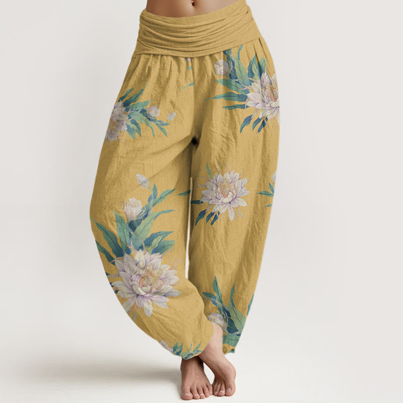 Pantaloni harem da donna con elastico in vita e motivo Epiphyllum con Buddha Stones - Oro - US22, UK/AU26, EU54 (6XL) - image 8