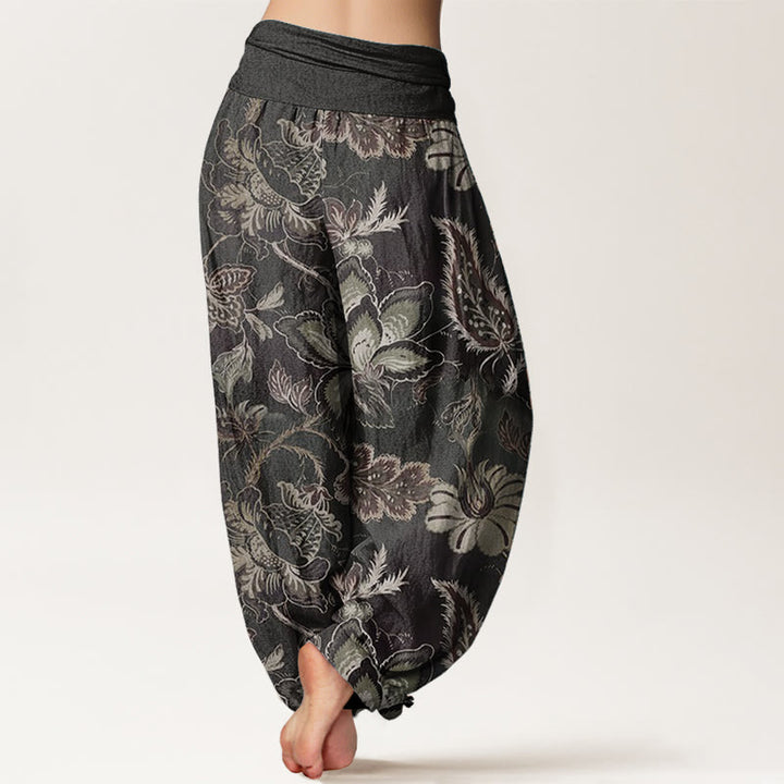 Pantaloni harem da donna in puro cotone con elastico in vita e motivo floreale, stile casual, motivo Buddha Stones