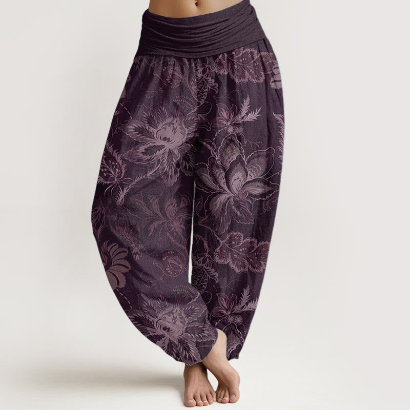 Pantaloni harem da donna in puro cotone con elastico in vita e motivo floreale, stile casual, motivo Buddha Stones