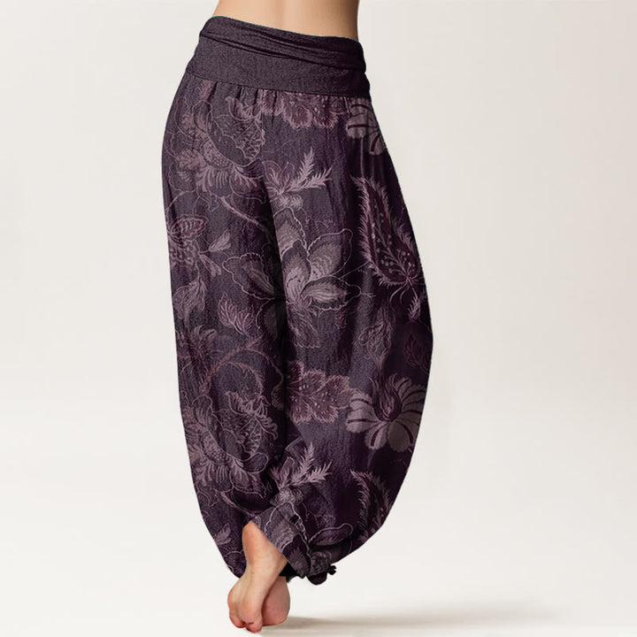 Pantaloni harem da donna in puro cotone con elastico in vita e motivo floreale, stile casual, motivo Buddha Stones