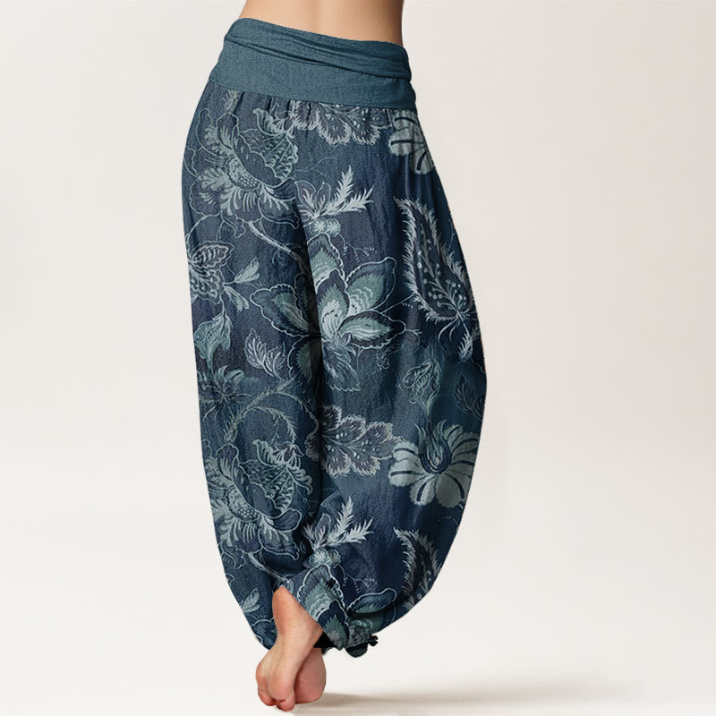 Pantaloni harem da donna in puro cotone con elastico in vita e motivo floreale, stile casual, motivo Buddha Stones