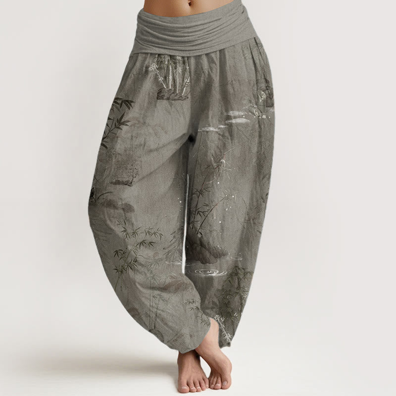 Pantaloni harem da donna con elastico in vita, in puro cotone, casual, con Buddha Stones di bambù e pittura a inchiostro - Abbronzatura - US22, UK/AU26, EU54 (6XL) - image 7