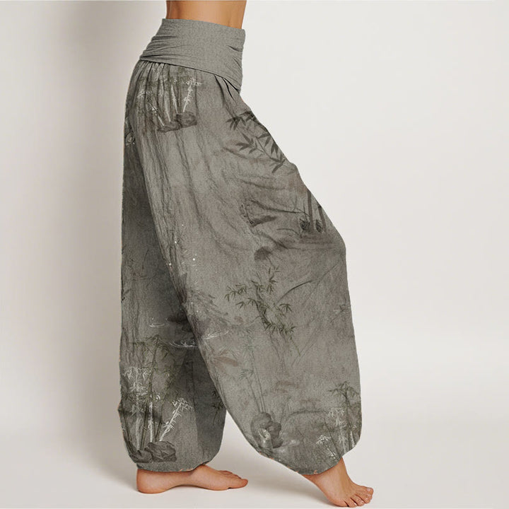 Pantaloni harem da donna con elastico in vita, in puro cotone, casual, con Buddha Stones di bambù e pittura a inchiostro - image 9