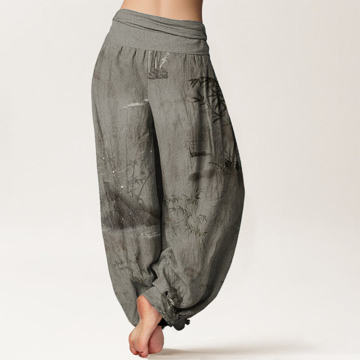 Pantaloni harem da donna con elastico in vita, in puro cotone, casual, con Buddha Stones di bambù e pittura a inchiostro - image 8