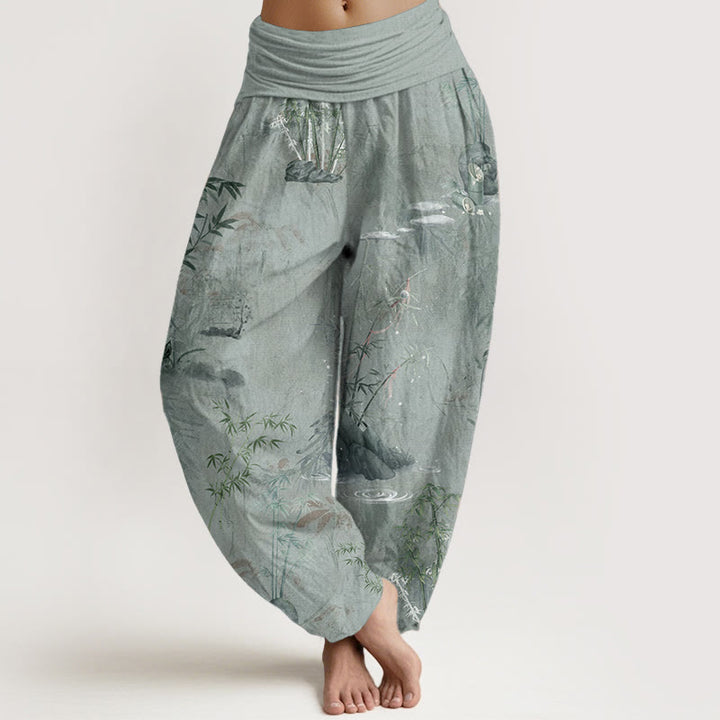 Pantaloni harem da donna con elastico in vita, in puro cotone, casual, con Buddha Stones di bambù e pittura a inchiostro - DarkSeaGreen - US22, UK/AU26, EU54 (6XL) - image 9