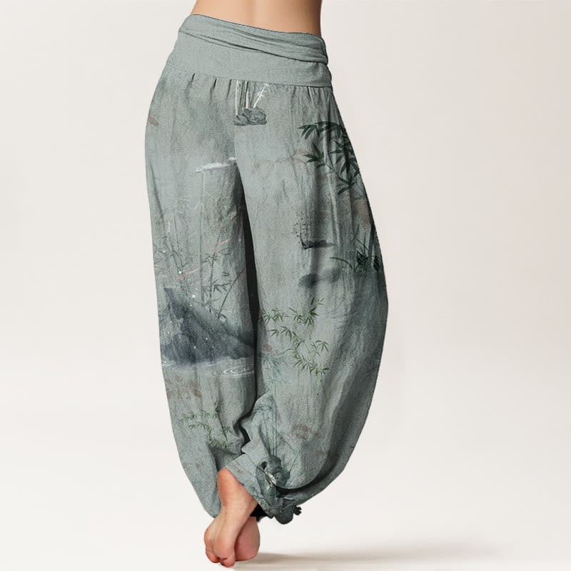 Pantaloni harem da donna con elastico in vita, in puro cotone, casual, con Buddha Stones di bambù e pittura a inchiostro - image 11