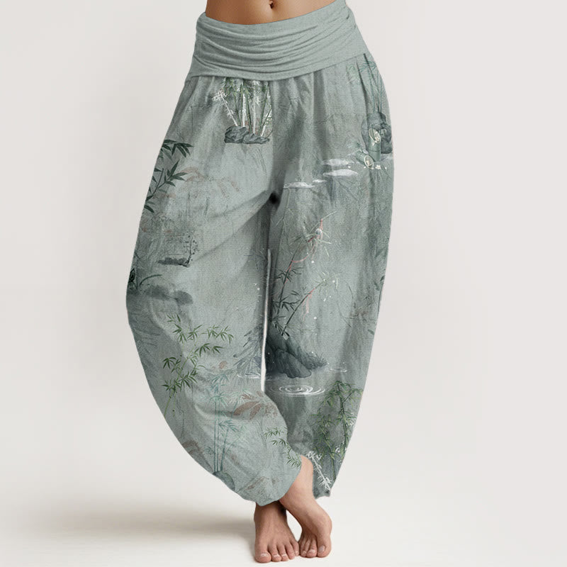 Pantaloni harem da donna con elastico in vita, in puro cotone, casual, con Buddha Stones di bambù e pittura a inchiostro - DarkSeaGreen - US22, UK/AU26, EU54 (6XL) - image 10