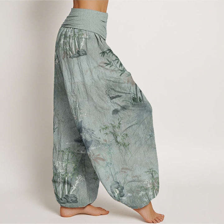 Pantaloni harem da donna con elastico in vita, in puro cotone, casual, con Buddha Stones di bambù e pittura a inchiostro - image 12