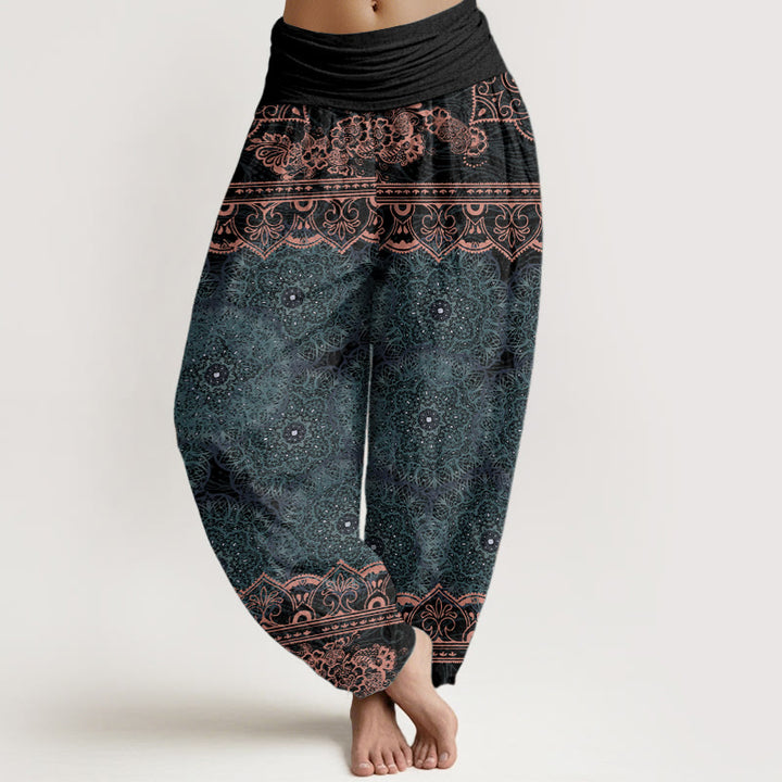 Pantaloni harem da donna con elastico in vita, in puro cotone, con eleganti fiori mandala e pietre Buddha Stones