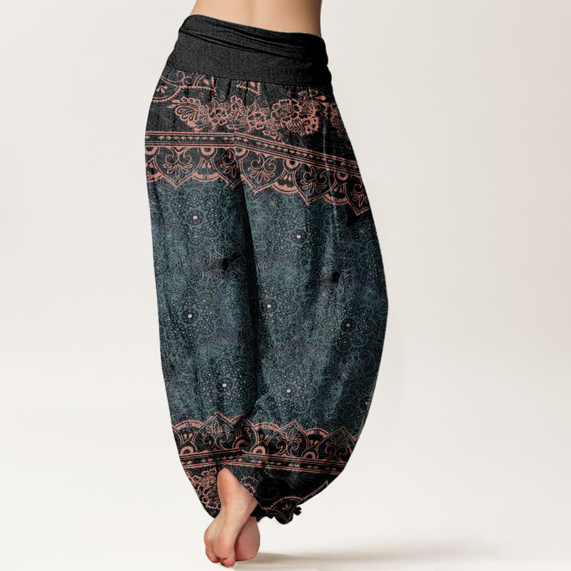Pantaloni harem da donna con elastico in vita, in puro cotone, con eleganti fiori mandala e pietre Buddha Stones