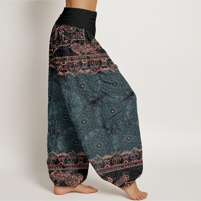 Pantaloni harem da donna con elastico in vita, in puro cotone, con eleganti fiori mandala e pietre Buddha Stones