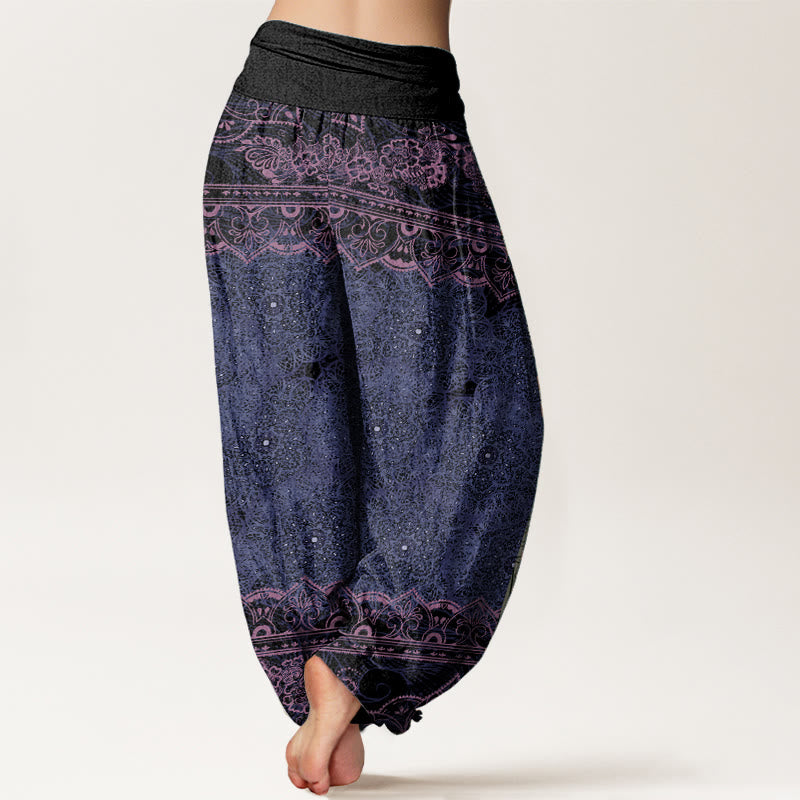 Pantaloni harem da donna con elastico in vita, in puro cotone, con eleganti fiori mandala e pietre Buddha Stones