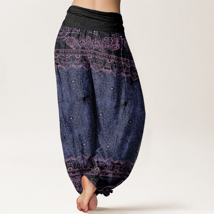 Pantaloni harem da donna con elastico in vita, in puro cotone, con eleganti fiori mandala e pietre Buddha Stones