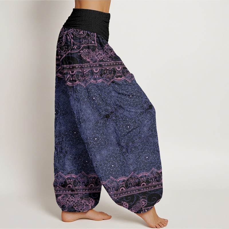 Pantaloni harem da donna con elastico in vita, in puro cotone, con eleganti fiori mandala e pietre Buddha Stones