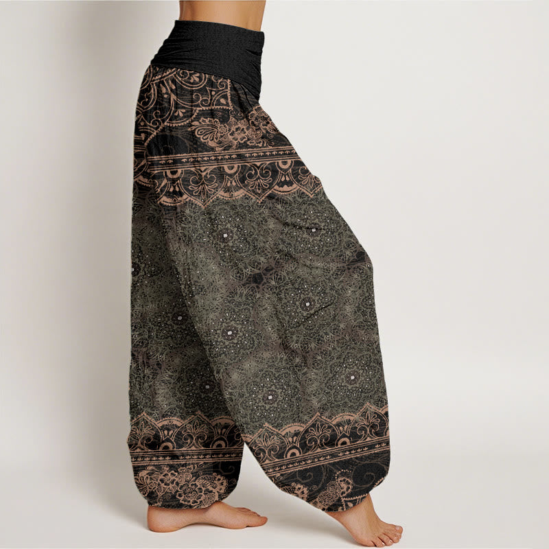 Pantaloni harem da donna con elastico in vita, in puro cotone, con eleganti fiori mandala e pietre Buddha Stones