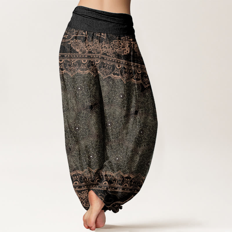 Pantaloni harem da donna con elastico in vita, in puro cotone, con eleganti fiori mandala e pietre Buddha Stones
