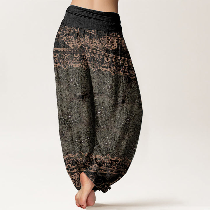 Pantaloni harem da donna con elastico in vita, in puro cotone, con eleganti fiori mandala e pietre Buddha Stones