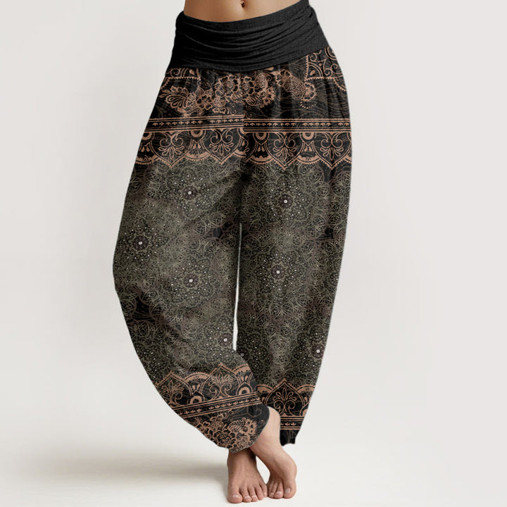 Pantaloni harem da donna con elastico in vita, in puro cotone, con eleganti fiori mandala e pietre Buddha Stones