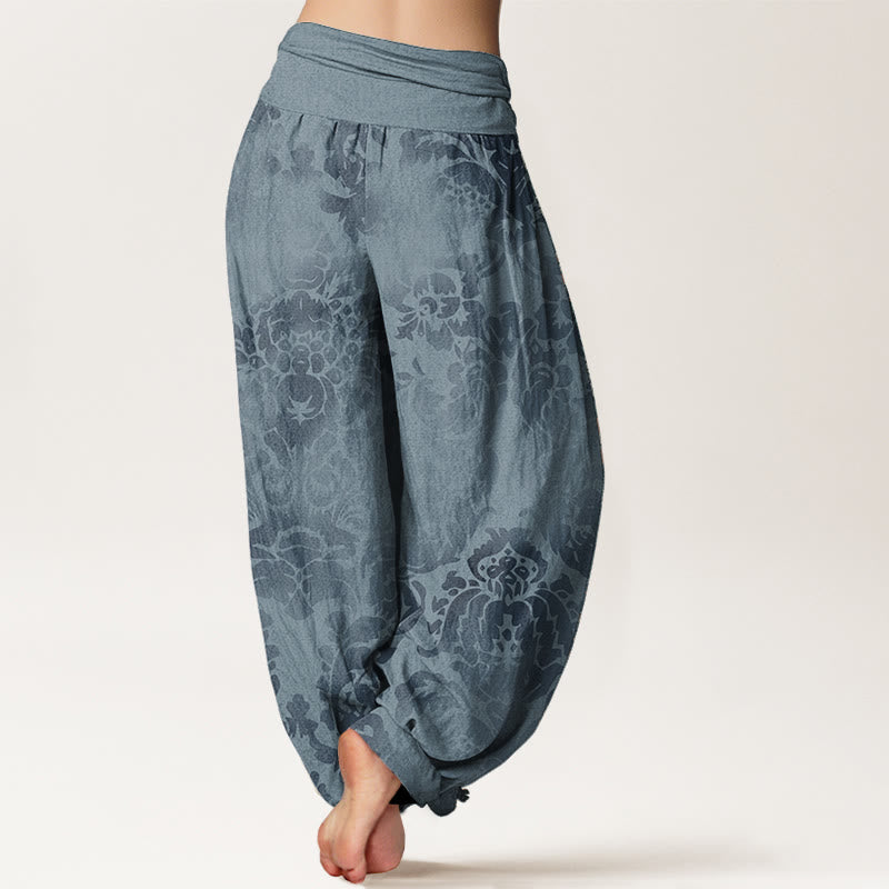 Pantaloni harem da donna in puro cotone con elastico in vita, motivo a fiori e foglie, stile casual, motivo Buddha Stones