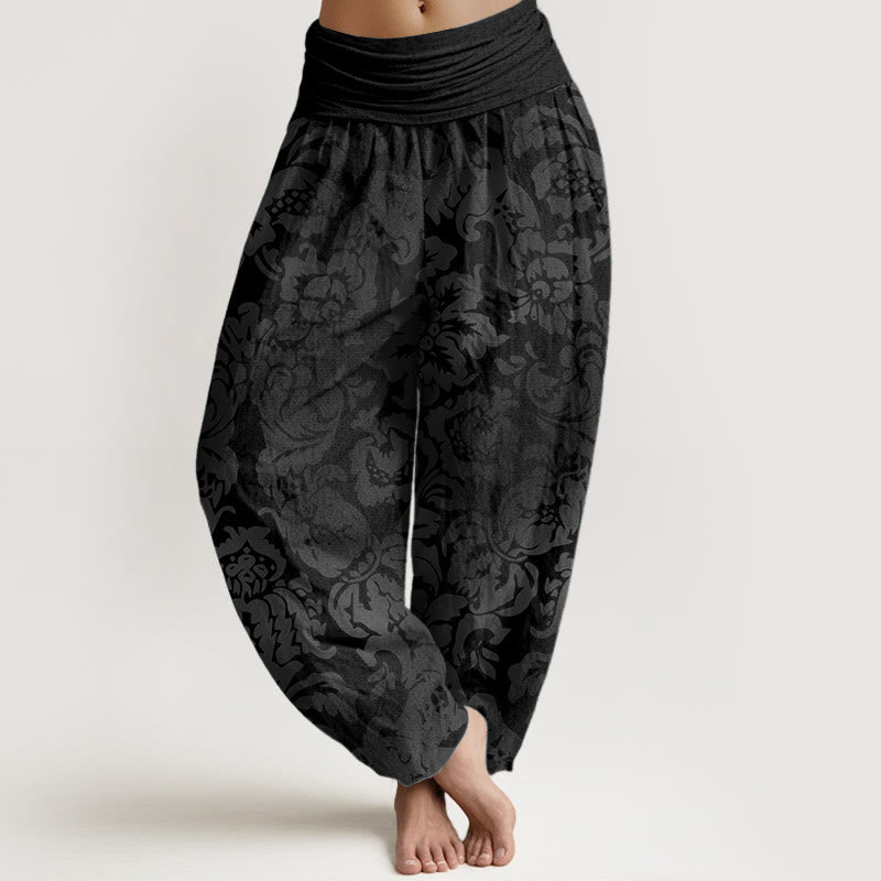 Pantaloni harem da donna in puro cotone con elastico in vita, motivo a fiori e foglie, stile casual, motivo Buddha Stones
