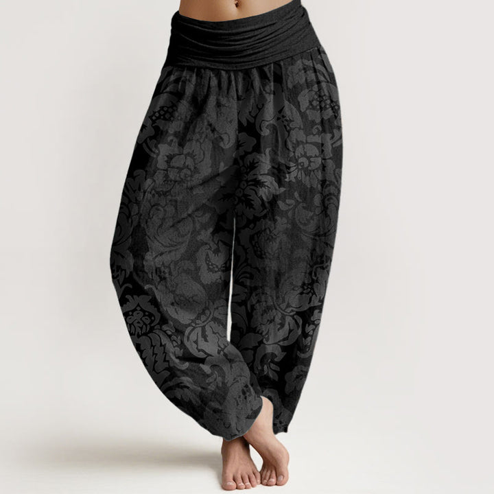 Pantaloni harem da donna in puro cotone con elastico in vita, motivo a fiori e foglie, stile casual, motivo Buddha Stones