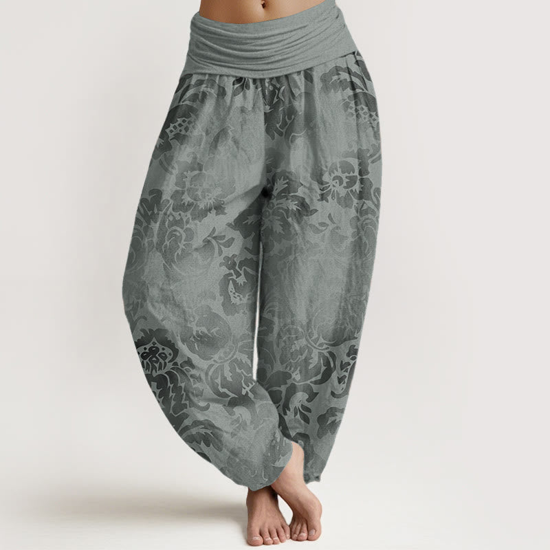 Pantaloni harem da donna in puro cotone con elastico in vita, motivo a fiori e foglie, stile casual, motivo Buddha Stones