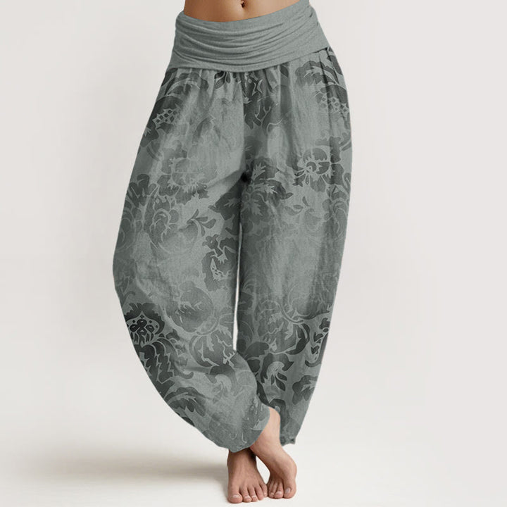 Pantaloni harem da donna in puro cotone con elastico in vita, motivo a fiori e foglie, stile casual, motivo Buddha Stones