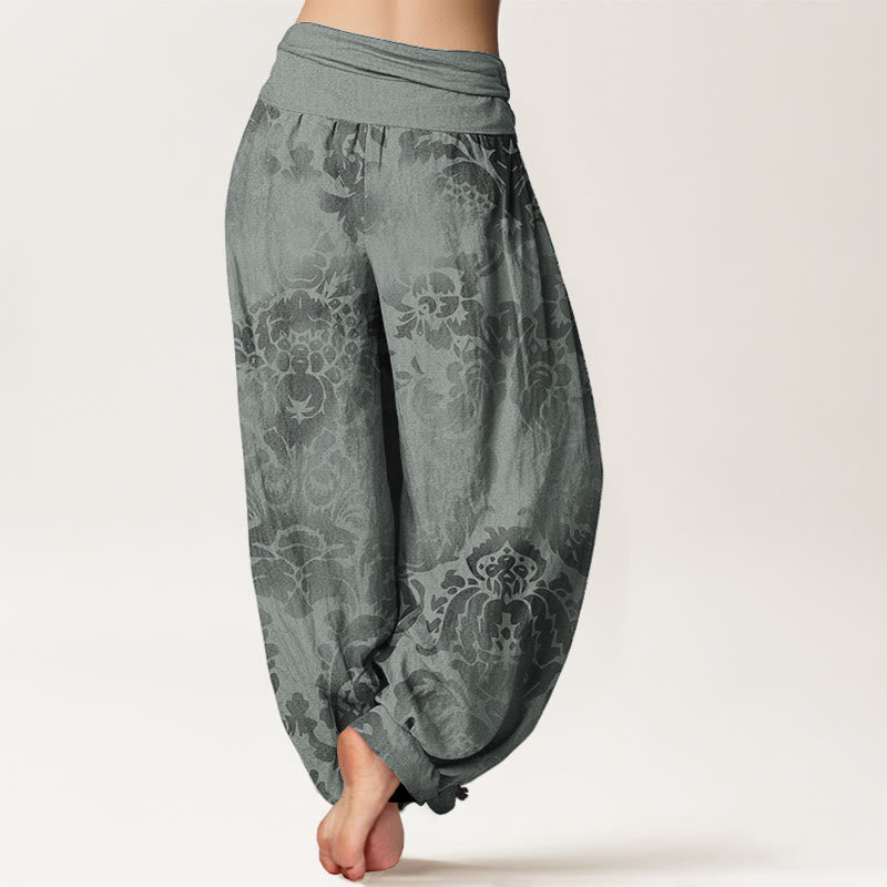 Pantaloni harem da donna in puro cotone con elastico in vita, motivo a fiori e foglie, stile casual, motivo Buddha Stones