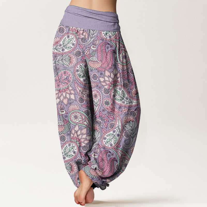 Pantaloni harem da donna con elastico in vita, in puro cotone, con motivo a fiori di anacardi, pavone e girasole, motivo Buddha Stones