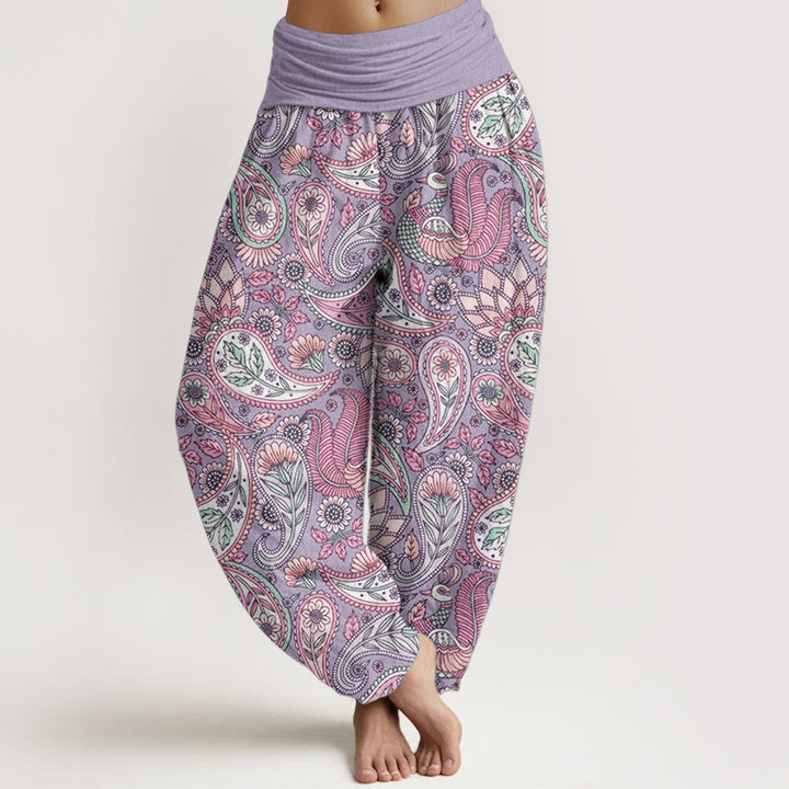Pantaloni harem da donna con elastico in vita, in puro cotone, con motivo a fiori di anacardi, pavone e girasole, motivo Buddha Stones