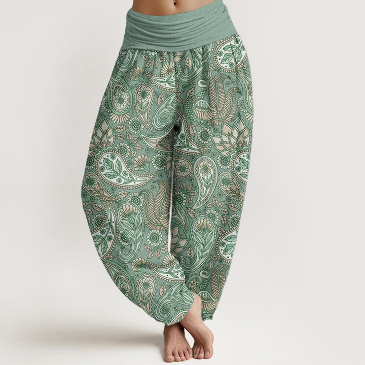 Pantaloni harem da donna con elastico in vita, in puro cotone, con motivo a fiori di anacardi, pavone e girasole, motivo Buddha Stones