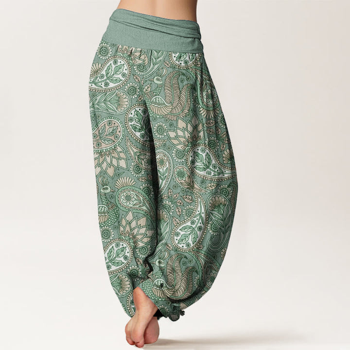 Pantaloni harem da donna con elastico in vita, in puro cotone, con motivo a fiori di anacardi, pavone e girasole, motivo Buddha Stones