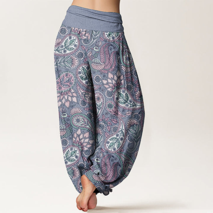 Pantaloni harem da donna con elastico in vita, in puro cotone, con motivo a fiori di anacardi, pavone e girasole, motivo Buddha Stones