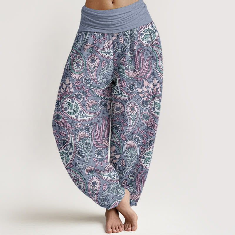 Pantaloni harem da donna con elastico in vita, in puro cotone, con motivo a fiori di anacardi, pavone e girasole, motivo Buddha Stones