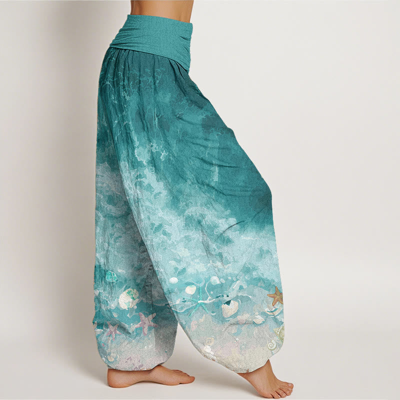 Pantaloni harem da donna con elastico in vita, in puro cotone con motivo "Vast Ocean" Buddha Stones