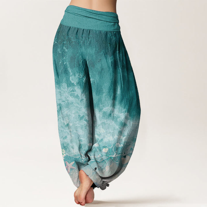 Pantaloni harem da donna con elastico in vita, in puro cotone con motivo "Vast Ocean" Buddha Stones - image 1