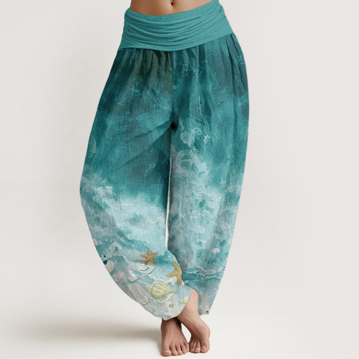 Pantaloni harem da donna con elastico in vita, in puro cotone con motivo "Vast Ocean" Buddha Stones