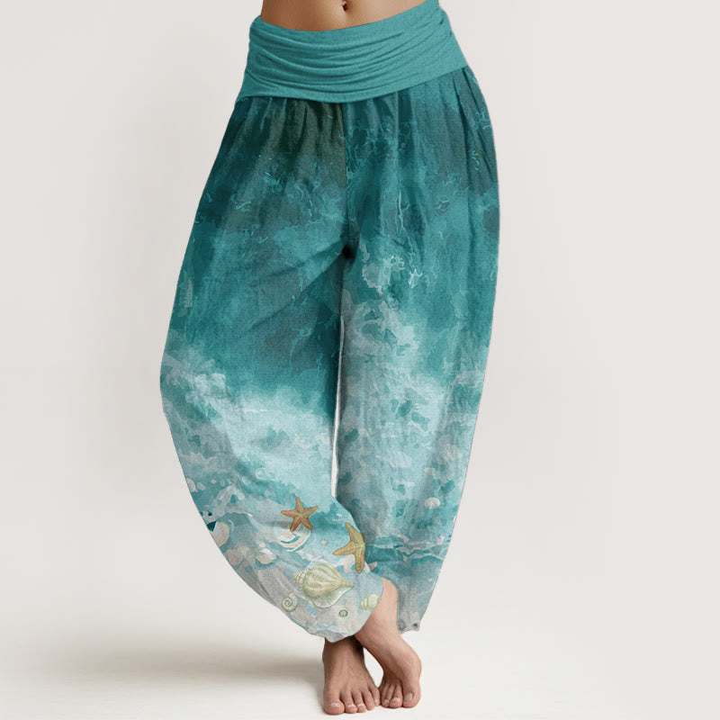 Pantaloni harem da donna con elastico in vita, in puro cotone con motivo "Vast Ocean" Buddha Stones - Verde Mare Chiaro - US22, UK/AU26, EU54 (6XL) - image 0