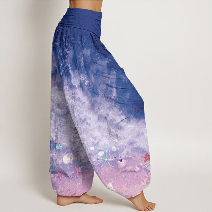 Pantaloni harem da donna con elastico in vita, in puro cotone con motivo "Vast Ocean" Buddha Stones