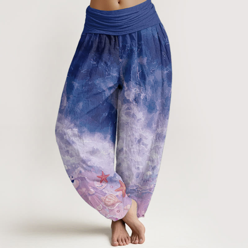 Pantaloni harem da donna con elastico in vita, in puro cotone con motivo "Vast Ocean" Buddha Stones