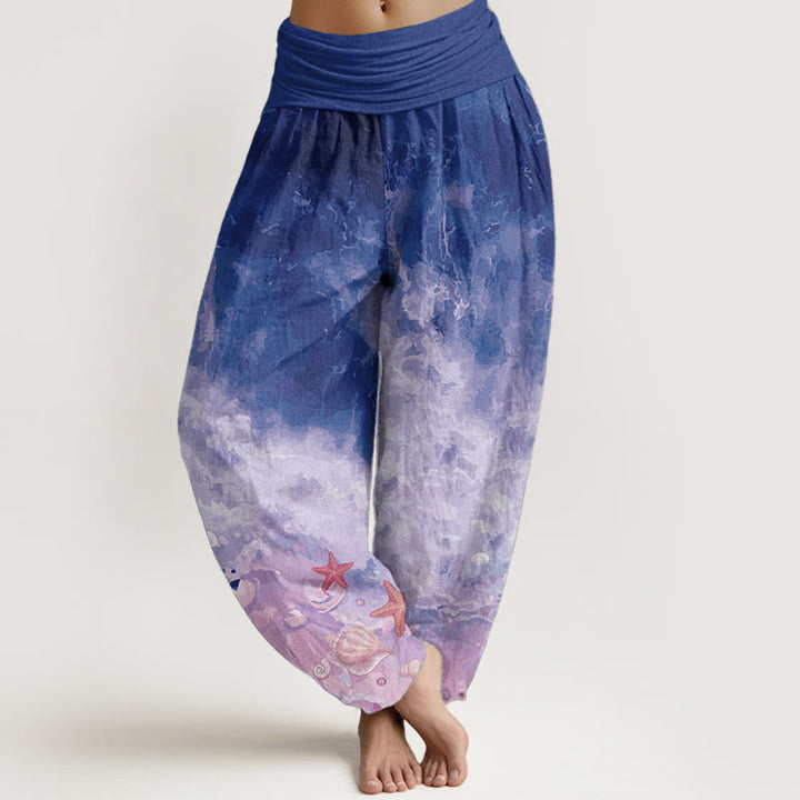 Pantaloni harem da donna con elastico in vita, in puro cotone con motivo "Vast Ocean" Buddha Stones