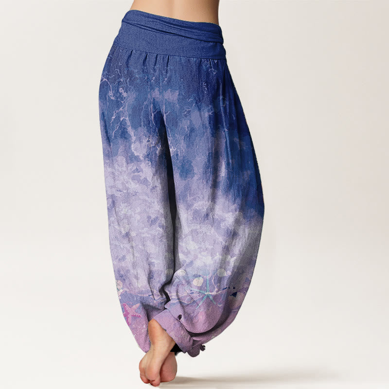 Pantaloni harem da donna con elastico in vita, in puro cotone con motivo "Vast Ocean" Buddha Stones