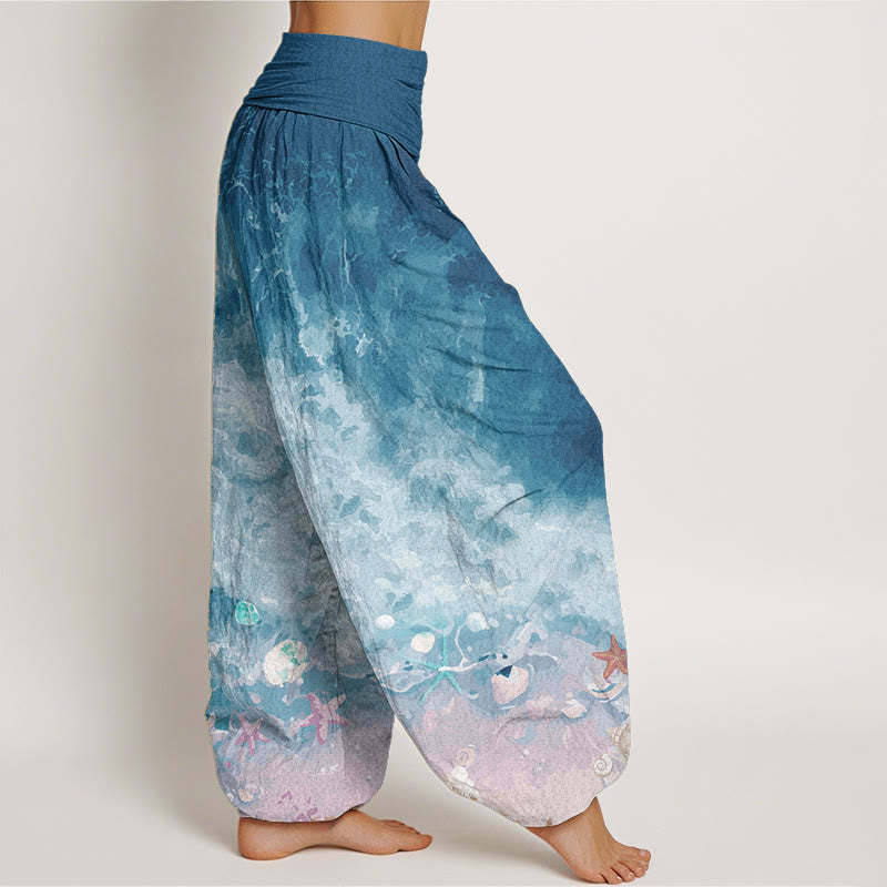 Pantaloni harem da donna con elastico in vita, in puro cotone con motivo "Vast Ocean" Buddha Stones