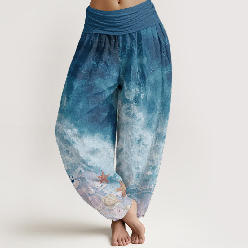 Pantaloni harem da donna con elastico in vita, in puro cotone con motivo "Vast Ocean" Buddha Stones
