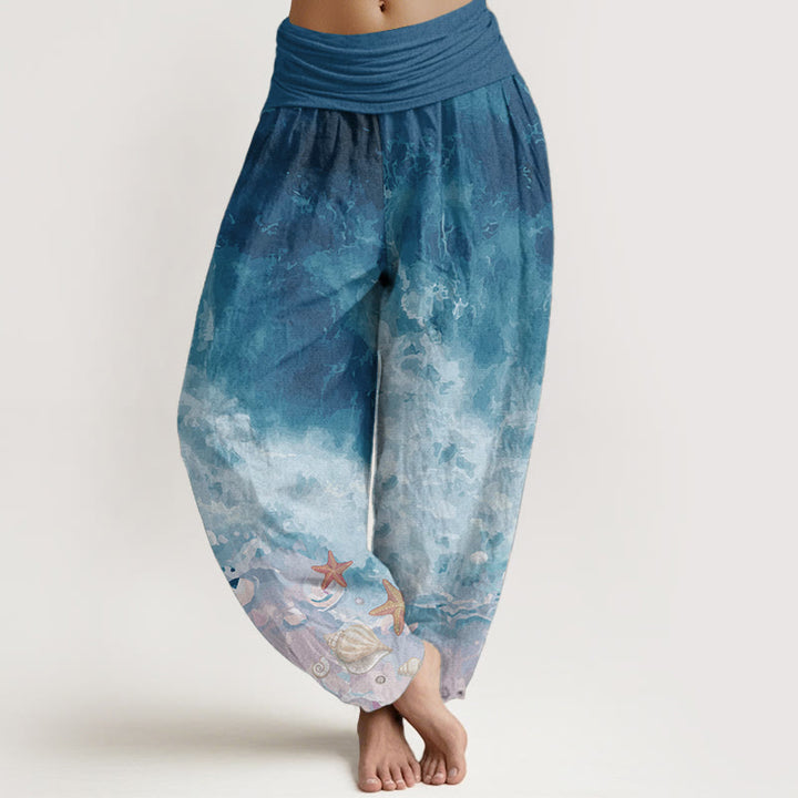 Pantaloni harem da donna con elastico in vita, in puro cotone con motivo "Vast Ocean" Buddha Stones