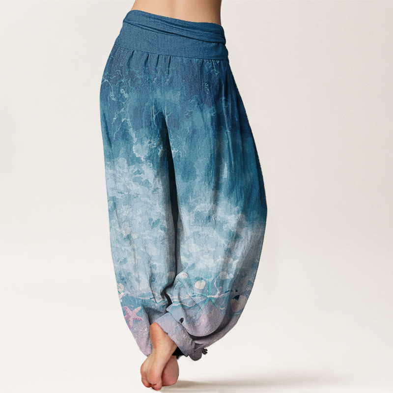 Pantaloni harem da donna con elastico in vita, in puro cotone con motivo "Vast Ocean" Buddha Stones