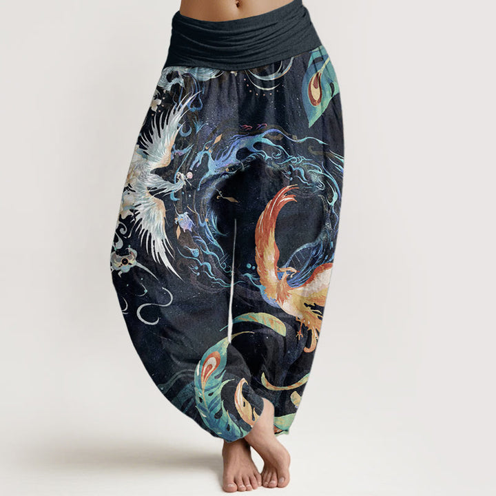 Pantaloni harem da donna in puro cotone con motivo a fiori di fenice, con elastico in vita, Buddha Stones