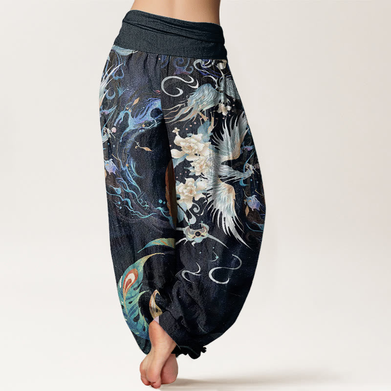 Pantaloni harem da donna in puro cotone con motivo a fiori di fenice, con elastico in vita, Buddha Stones - image 1