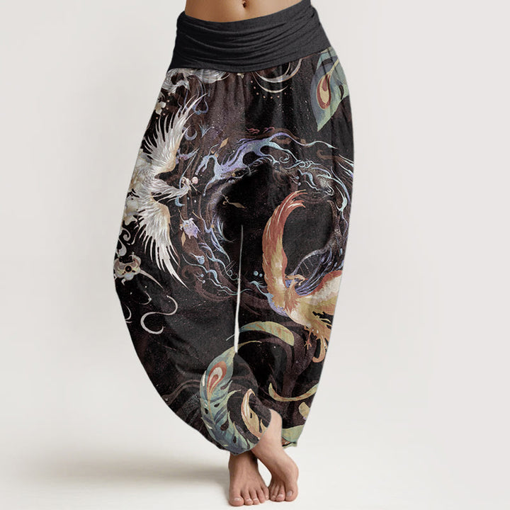 Pantaloni harem da donna in puro cotone con motivo a fiori di fenice, con elastico in vita, Buddha Stones